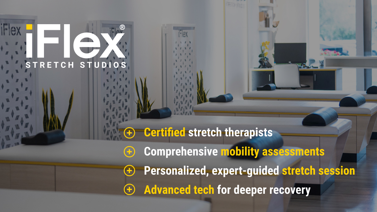 iFlex branded graphic listing amenities such as certified stretch therapists